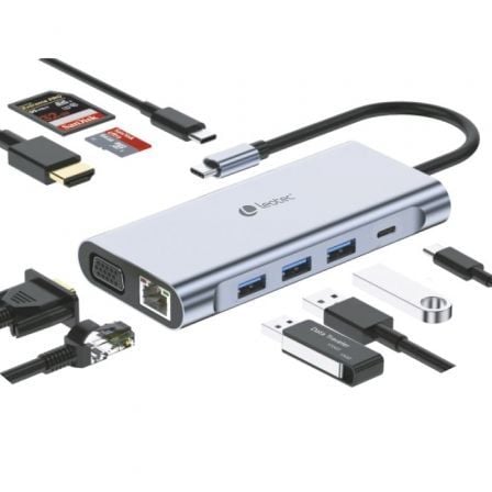 Docking USB Tipo-C Leotec LEDS01/ 3xUSB/ 2xUSB Tipo-C/ 1xUSB Tipo-C PD/ 1xHDMI 4K/ 1xVGA/ 1xRJ45/ 1xAudio/ 1xLector Tarjetas SD y MicroSD/ Gris - Frikibase