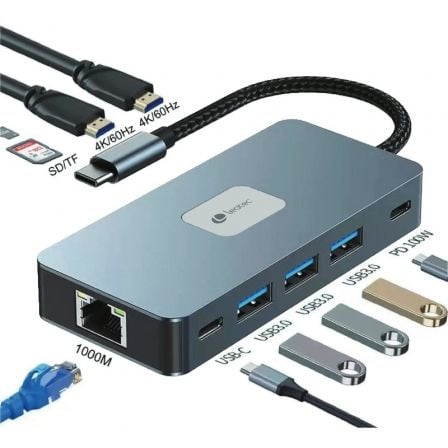 Docking USB Tipo-C Leotec LEDS02/ 3xUSB/ 1xUSB Tipo-C/ 1xUSB Tipo-C PD/ 2xHDMI 4K/ 1xRJ45/ 1xLector Tarjetas SD y MicroSD/ Gris - Frikibase
