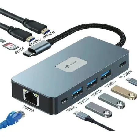 Docking USB Tipo-C Leotec LEDS02/ 3xUSB/ 1xUSB Tipo-C/ 1xUSB Tipo-C PD/ 2xHDMI 4K/ 1xRJ45/ 1xLector Tarjetas SD y MicroSD/ Gris - Frikibase