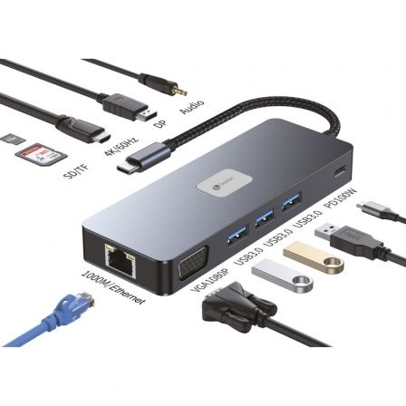 Docking USB Tipo-C Leotec LEDS03/ 3xUSB/ 1xUSB Tipo-C PD/ 1xHDMI 4K/ 1xDisplayPort/ 1xVGA/ 1xAudio/ 1xRJ45/ 1xLector Tarjetas SD y MicroSD/ Gris - Frikibase