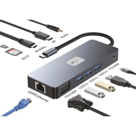 Docking USB Tipo-C Leotec LEDS03/ 3xUSB/ 1xUSB Tipo-C PD/ 1xHDMI 4K/ 1xDisplayPort/ 1xVGA/ 1xAudio/ 1xRJ45/ 1xLector Tarjetas SD y MicroSD/ Gris - Frikibase