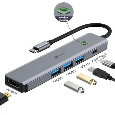 Docking USB Tipo-C Leotec LEDS05/ 3xUSB/ 1xUSB Tipo-C PD/ 1xHDMI 4K/ Gris - Frikibase