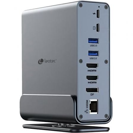 Docking USB Tipo-C Leotec LEDS06/ 5xUSB/ 2xUSB Tipo-C/ 1xUSB Tipo-C PD/ 1xDisplayPort/ 2xHDMI 4K/ 1xRJ45/ 1xJack 3.5/ 1xLector de Tarjetas/ Gris - Frikibase