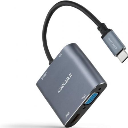 Conversor Nanocable 10.16.4304/ USB Tipo-C Macho/ HDMI 4K Hembra - VGA Hembra - USB Tipo-C PD Hembra - USB Hembra/ 15cm/ Gris - Frikibase