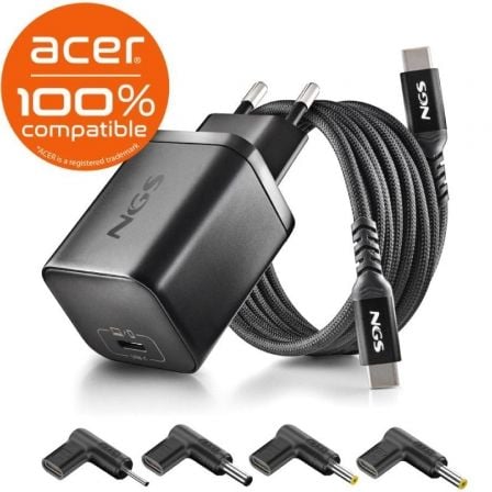 Cargador de Portátil GaN NGS BUD65W-AC para Acer/ 1xUSB Tipo-C/ 65W/ Automático/ 4 Conectores/ Voltaje 5-20V - Frikibase