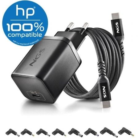 Cargador de Portátil GaN NGS BUD65W-H para HP/ 1xUSB Tipo-C/ 65W/ Automático/ 8 Conectores/ Voltaje 5-20V - Frikibase