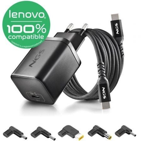 Cargador de Portátil GaN NGS BUD65W-L para Lenovo/ 1xUSB Tipo-C/ 65W/ Automático/ 5 Conectores/ Voltaje 5-20V - Frikibase