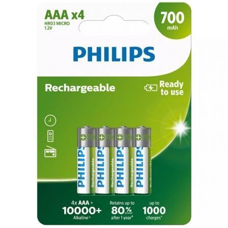 Pack de 4 Pilas AAA Philips R03B4A70/10/ 1.2V/ Recargables - Frikibase