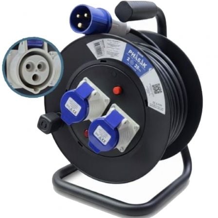 Regleta enrollable Phasak BN 3475/ 2 Enchufe industrial 2P+TT/ Cable 25m/ Negro y Azul - Frikibase