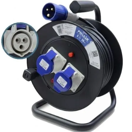 Regleta enrollable Phasak BN 3475/ 2 Enchufe industrial 2P+TT/ Cable 25m/ Negro y Azul - Frikibase