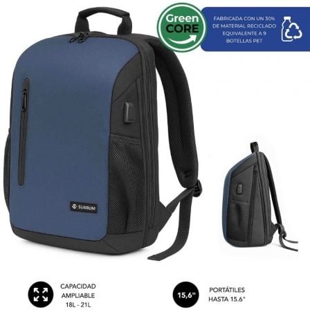 Mochila Subblim Xpand Air Padding Backpack para Portátiles hasta 15.6"/ 21L/ Puerto USB/ Azul - Frikibase