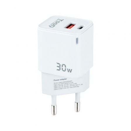Cargador de Pared GaN TooQ TQWC-GANQCPD30WT/ 1xUSB Tipo-C/ 1xUSB/ 30W - Frikibase