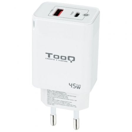 Cargador de Pared GaN TooQ TQWC-GANQCPD45WT/ 1xUSB Tipo-C/ 1xUSB/ 45W - Frikibase