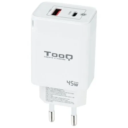 Cargador de Pared GaN TooQ TQWC-GANQCPD45WT/ 1xUSB Tipo-C/ 1xUSB/ 45W - Frikibase