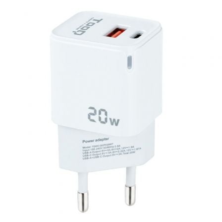 Cargador de Pared TooQ TQWC-QCPD20WT/ 1xUSB-Tipo C/ 1x USB/ 20W/ Blanco - Frikibase