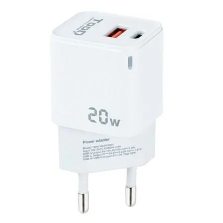 Cargador de Pared TooQ TQWC-QCPD20WT/ 1xUSB-Tipo C/ 1x USB/ 20W/ Blanco - Frikibase