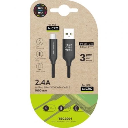 Cable USB 2.0 Tech One Tech TEC2001/ USB Macho - MicroUSB Macho/ 1m/ Negro - Frikibase