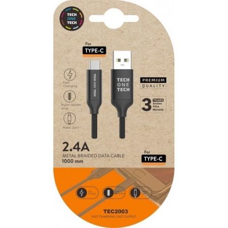 Cable USB 2.0 Tipo-C Tech One Tech TEC2003/ USB Tipo-C Macho - USB Macho/ 480Mbps/ 1m/ Negro - Frikibase