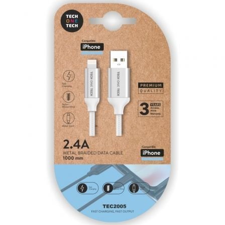 Cable USB 2.0 Tech One Tech TEC2005/ USB Macho - Lightning Macho/ 1m/ Blanco - Frikibase