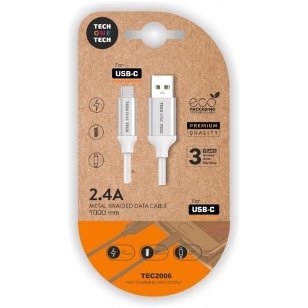 Cable USB 2.0 Tech One Tech TEC2006/ USB Tipo-C Macho - USB Macho/ 480Mbps/ 1m/ Blanco - Frikibase