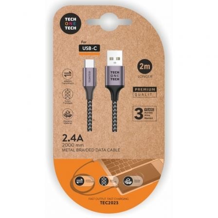 Cable USB 2.0 Tipo-C Tech One Tech TEC2023/ USB Tipo-C Macho - USB Macho/ 2m/ Gris - Frikibase
