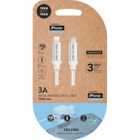 Cable USB Tipo-C Lightning Tech One Tech TEC2203/ Lightning Macho - USB Tipo-C Macho/ Hasta 20W/ 480Mbps/ 1m/ Blanco - Frikibase
