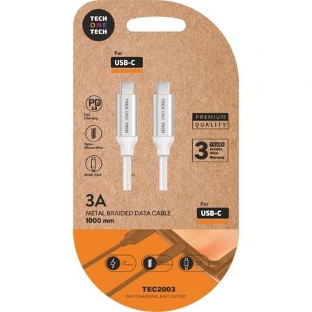 Cable USB 2.0 Tipo-C Tech One Tech TEC2204/ USB Tipo-C Macho - USB Tipo-C Macho/ Hasta 20W/ 480Mbps/ 1m/ Blanco - Frikibase
