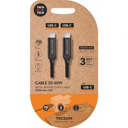 Cable USB 2.0 Tipo-C Tech One Tech TEC2206/ USB Tipo-C Macho - USB Tipo-C Macho/ Hasta 60W/ 480Mbps/ 1m/ Negro - Frikibase