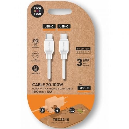 Cable USB 2.0 Tipo-C Tech One Tech TEC2210/ USB Tipo-C Macho - USB Tipo-C Macho/ Hasta 100W/ 480Mbps/ 1.5m/ Blanco - Frikibase