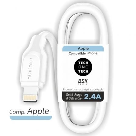 Cable USB 2.0 Lightning Tech One Tech TEC2902/ Lightning Macho - USB Macho/ 1m/ Blanco - Frikibase