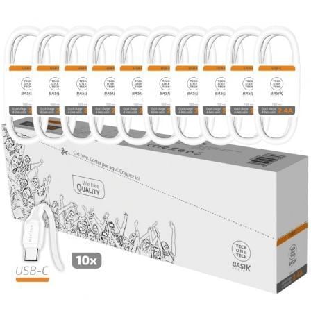 Pack 10 Cables USB 2.0 Tech One Tech Basik TEC2953/ USB Macho - USB Tipo-C Macho/ 1m/ Blanco - Frikibase