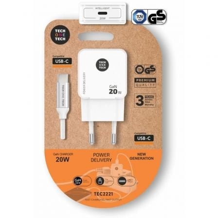 Cargador de Pared Tech One Tech TEC2221/ 1xUSB Tipo-C + Cable USB Tipo-C/ 20W/ Blanco - Frikibase