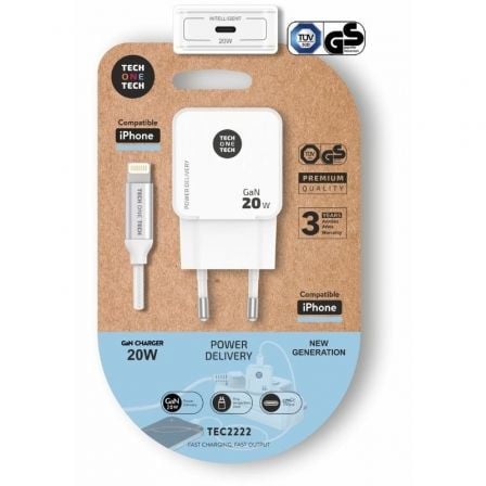 Cargador de Pared Tech One Tech TEC2222/ 1xUSB Tipo-C + Cable Lightning/ 20W/ Blanco - Frikibase