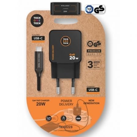 Cargador de Pared GaN Tech One Tech TEC2223/ 1xUSB Tipo-C + Cable USB Tipo-C/ 20W/ Negro - Frikibase