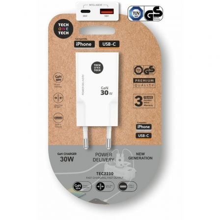 Cargador de Pared GaN Tech One Tech GaN TEC2230/ 1xUSB Tipo-C/ 1xUSB/ 30W/ Blanco - Frikibase