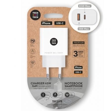 Cargador de Pared GaN Tech One Tech GaN TEC2270/ 1xUSB Tipo-C/ 1xUSB/ 65W/ Blanco - Frikibase