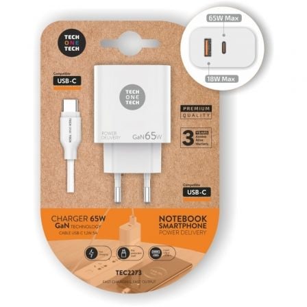 Cargador de Pared GaN Tech One Tech PD TEC2273 / 1xUSB Tipo-C/ 1xUSB/ 65W - Frikibase