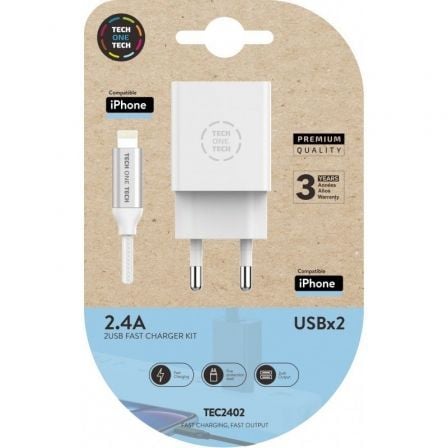 Cargador de Pared Tech One Tech TEC2402/ 2xUSB + Cable Lightning/ 12W/ Blanco - Frikibase
