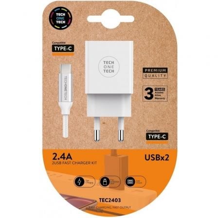 Cargador de Pared Tech One Tech TEC2403/ 2xUSB + Cable USB Tipo-C/ 12W/ Blanco - Frikibase