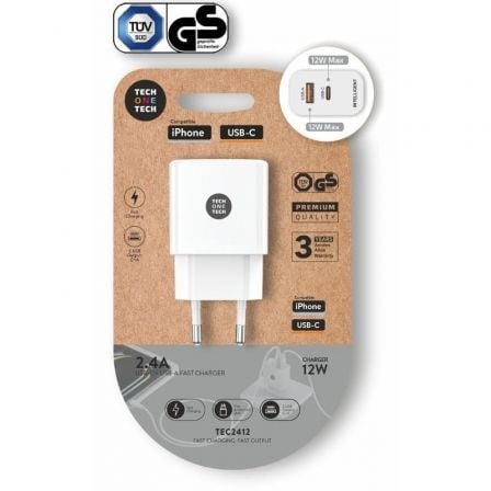Cargador de Pared Tech One Tech TEC2412/ 1xUSB Tipo-C/ 1xUSB/ 12W/ Blanco - Frikibase