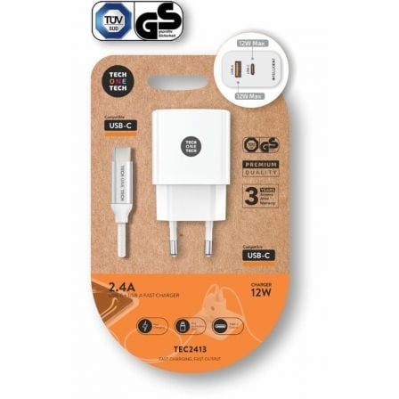 Cargador de Pared Tech One Tech TEC2413/ 1xUSB Tipo-C/ 1xUSB + Cable USB Tipo-C/ 12W/ Blanco - Frikibase