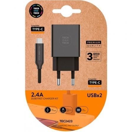 Cargador de Pared Tech One Tech TEC2423/ 2xUSB + Cable USB Tipo-C/ 12W/ Negro - Frikibase
