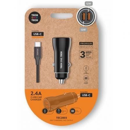 Cargador de Coche Tech One Tech TEC2803/ 2xUSB + Cable USB Tipo-C/ 12W - Frikibase