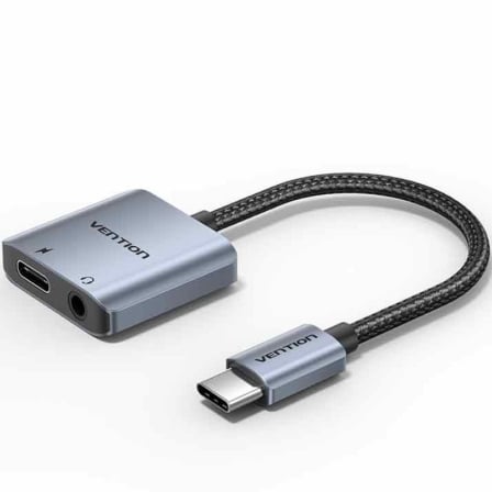 Adaptador Audio Vention BIGHA/ USB Tipo-C Macho - Jack 3.5 Hembra/ USB Tipo-C PD Hembra/ Gris - Frikibase