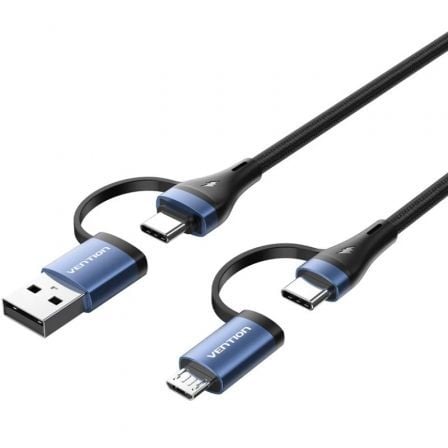 Cable USB 2.0 Tipo-C Vention CTLLF/ USB Tipo-C Macho - USB Macho/ MicroUSB Macho - USB Tipo-C Macho/ Hasta 100W/ 480Mbps/ 1m/ Negro y Azul - Frikibase