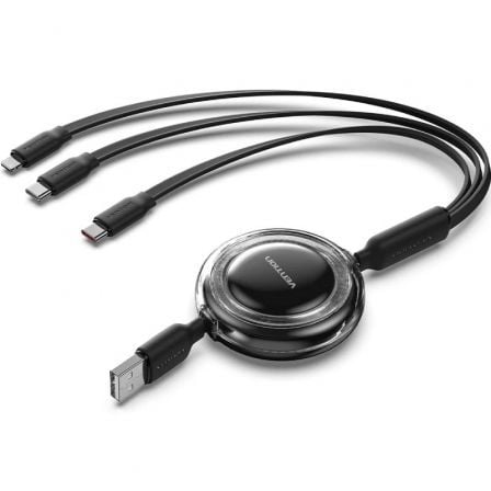 Cable USB Retráctil Vention TRJBBE/ USB Macho - Lightning/ 2xUSB Tipo-C/ Hasta 17.5W/ 10Gbps/ 1.1m/ Negro - Frikibase