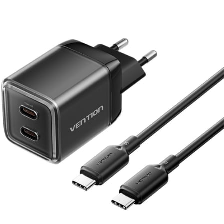 Cargador de Pared GaN Vention TZ-FCFB0-EU/ 2xUSB Tipo-C + Cable USB Tipo-C/ 45W - Frikibase