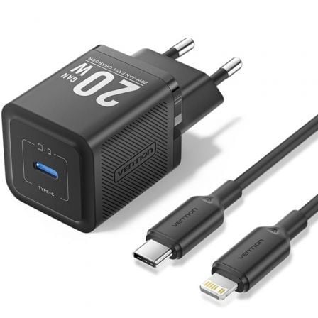 Cargador de Pared GaN Vention TZ-FEPB0-EU-02/ 1xUSB Tipo-C + Cable Lightning/ 20W - Frikibase