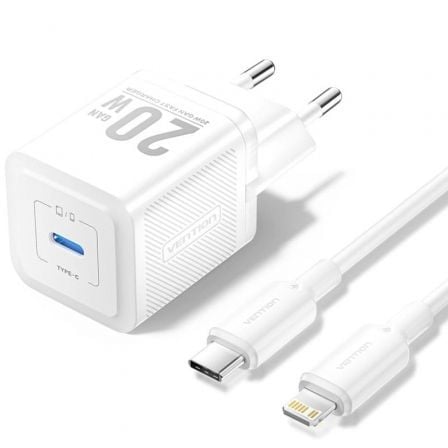 Cargador de Pared GaN Vention TZ-FEPW0-EU-02/ 1xUSB Tipo-C + Cable Lightning/ 20W - Frikibase
