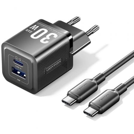 Cargador de Pared GaN Vention TZ-FEQB0-EU-01/ 1xUSB Tipo-C/ 1xUSB + Cable USB Tipo-C/ 30W - Frikibase